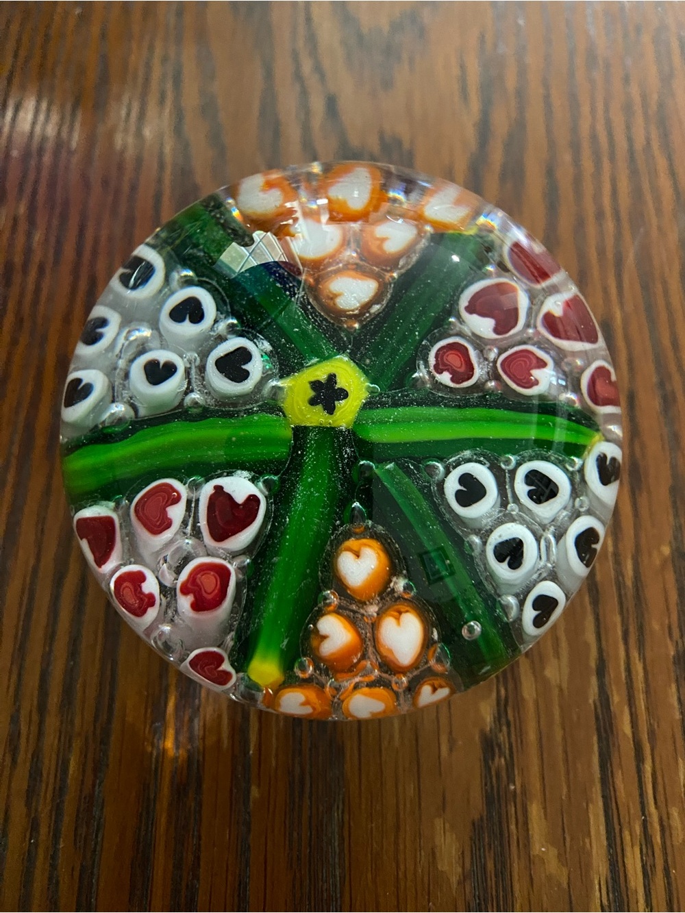 Vintage Millefiori Style Glass Paperweight Orange Green White Beautiful 2” x 3”